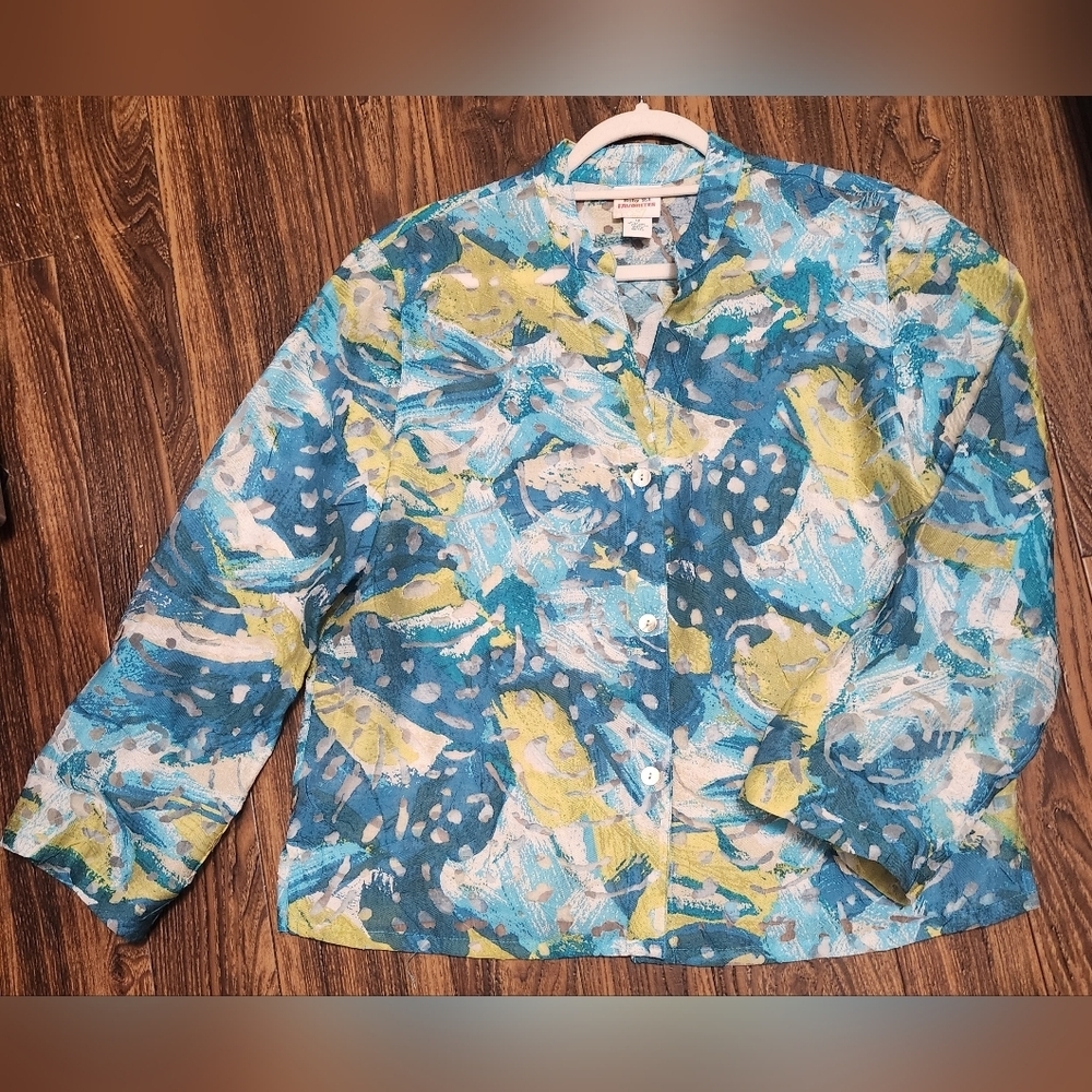 Ruby Rd. Favorites Sheer Blazer Top Teal Green Blue White Multi Floral SZ 12